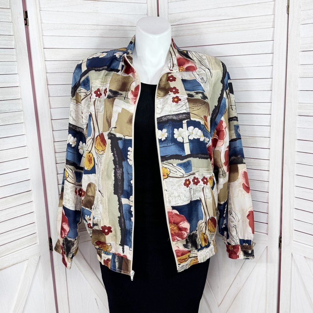 Vintage Oleg‎ Cassini Jacket Large Tropical Floral Print Silk Windbreaker Bomber